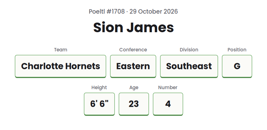Drawn card for the Poeltl answer on 29 October 2026, showing Sion James, Charlotte Hornets, and the game's other player data as text.