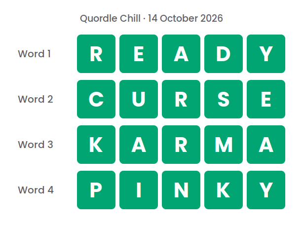 Four rows of green tiles showing the Quordle Chill answers for 14 October 2026: READY, CURSE, KARMA and PINKY