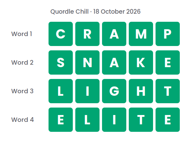 Four rows of green tiles showing the Quordle Chill answers for 18 October 2026: CRAMP, SNAKE, LIGHT and ELITE