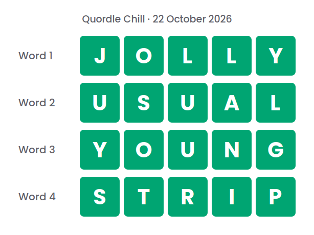 Four rows of green tiles showing the Quordle Chill answers for 22 October 2026: JOLLY, USUAL, YOUNG and STRIP