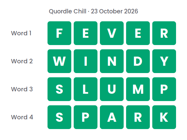 Four rows of green tiles showing the Quordle Chill answers for 23 October 2026: FEVER, WINDY, SLUMP and SPARK