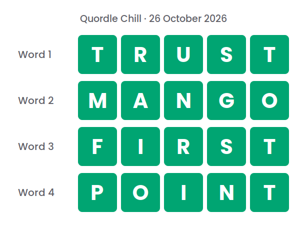 Four rows of green tiles showing the Quordle Chill answers for 26 October 2026: TRUST, MANGO, FIRST and POINT