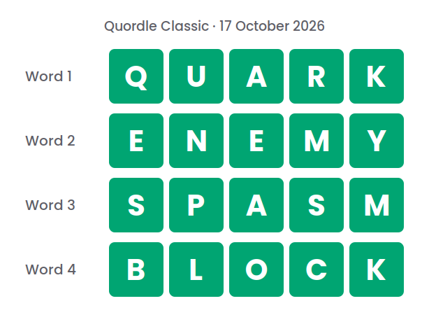 Four rows of green tiles showing the Quordle Classic answers for 17 October 2026: QUARK, ENEMY, SPASM and BLOCK