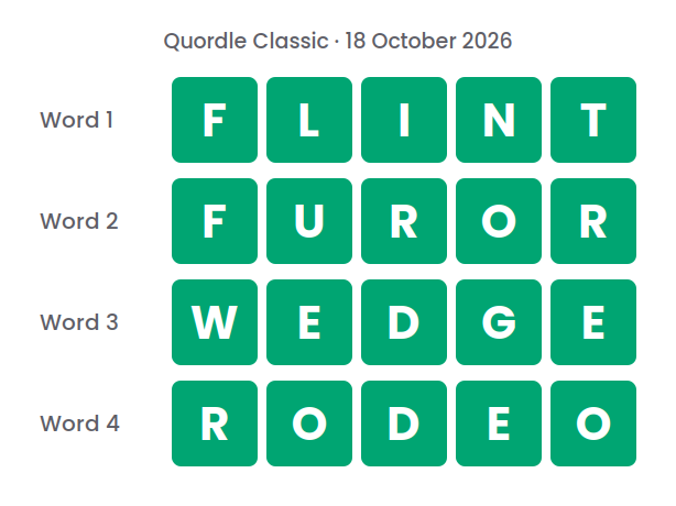 Four rows of green tiles showing the Quordle Classic answers for 18 October 2026: FLINT, FUROR, WEDGE and RODEO