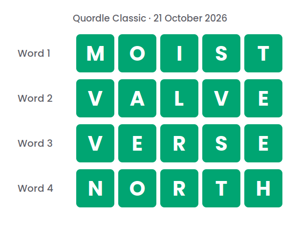 Four rows of green tiles showing the Quordle Classic answers for 21 October 2026: MOIST, VALVE, VERSE and NORTH
