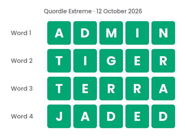Four rows of green tiles showing the Quordle Extreme answers for 12 October 2026: ADMIN, TIGER, TERRA and JADED