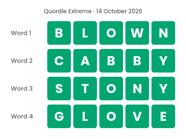 Four rows of green tiles showing the Quordle Extreme answers for 14 October 2026: BLOWN, CABBY, STONY and GLOVE