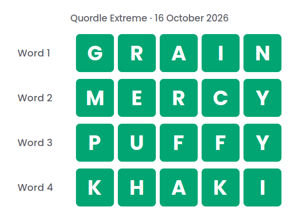 Four rows of green tiles showing the Quordle Extreme answers for 16 October 2026: GRAIN, MERCY, PUFFY and KHAKI