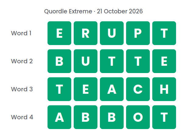 Four rows of green tiles showing the Quordle Extreme answers for 21 October 2026: ERUPT, BUTTE, TEACH and ABBOT