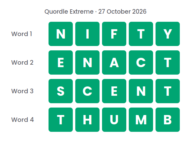Four rows of green tiles showing the Quordle Extreme answers for 27 October 2026: NIFTY, ENACT, SCENT and THUMB