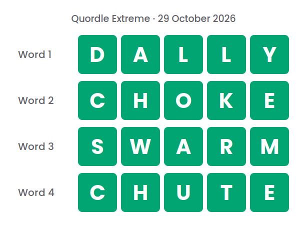 Four rows of green tiles showing the Quordle Extreme answers for 29 October 2026: DALLY, CHOKE, SWARM and CHUTE