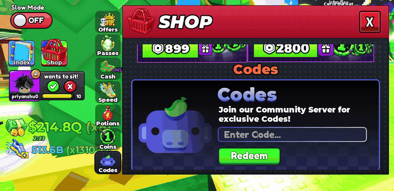 Steal Animal Egg Shop with the Codes box: SHOWSPEED is typed in, Redeem is clicked, the box shows Got a Speed Gain Potion! and a potion timer starts at the left of the screen