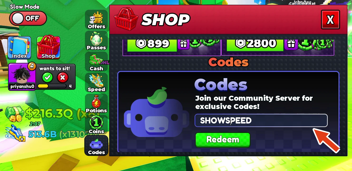 The Codes box at the bottom of the Steal Animal Egg Shop with SHOWSPEED typed in and the green Redeem button below