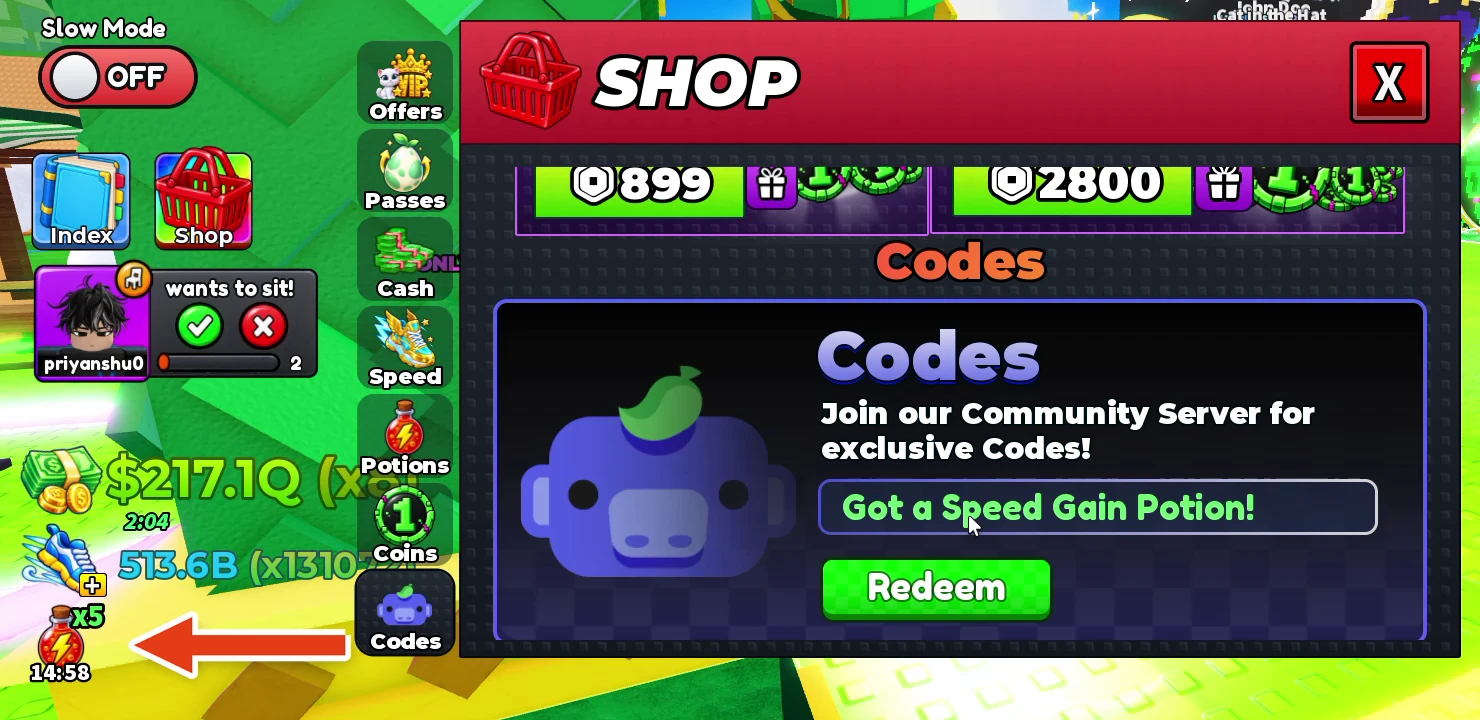 After redeeming SHOWSPEED the Codes box shows Got a Speed Gain Potion! and a potion icon with a 14:58 timer sits under the cash and speed counters
