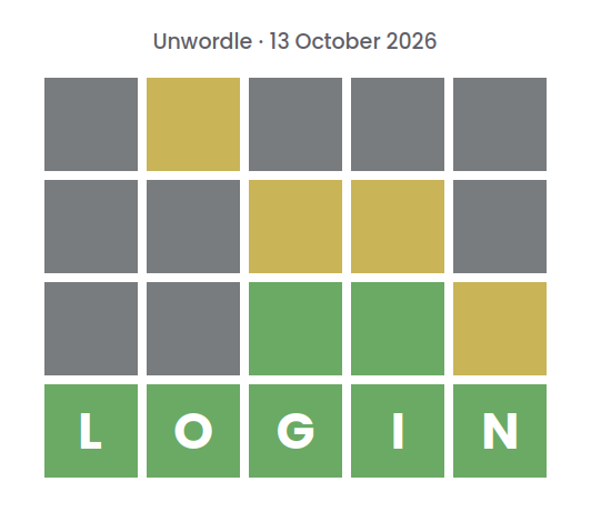 Unsolved Unwordle puzzle for 13 October 2026: three rows of gray, yellow, and green tiles without letters, above a green row spelling the final word LOGIN.