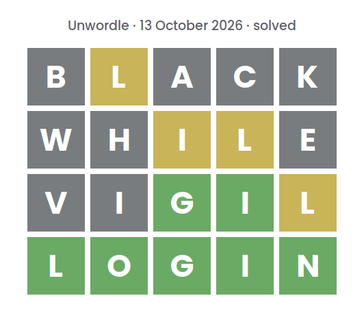 Solved Unwordle puzzle for 13 October 2026: rows reading BLACK, WHILE and VIGIL, top row first, above the final word LOGIN.