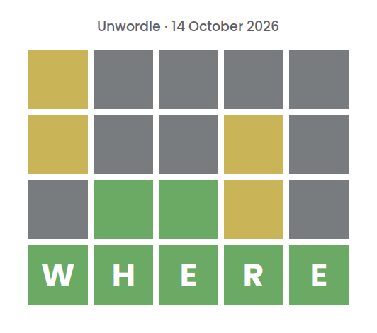 Unsolved Unwordle puzzle for 14 October 2026: three rows of gray, yellow, and green tiles without letters, above a green row spelling the final word WHERE.