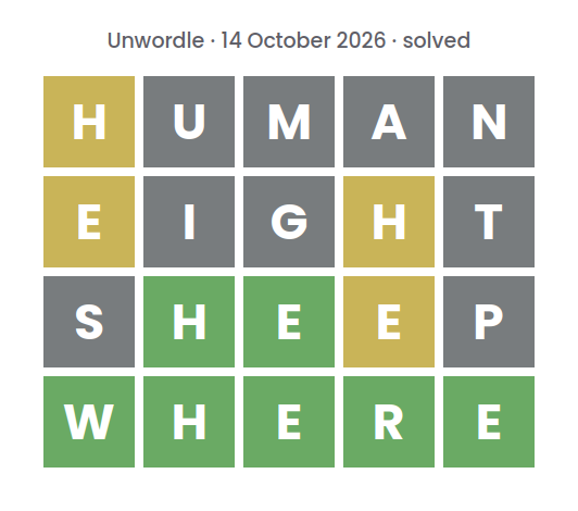 Solved Unwordle puzzle for 14 October 2026: rows reading HUMAN, EIGHT and SHEEP, top row first, above the final word WHERE.