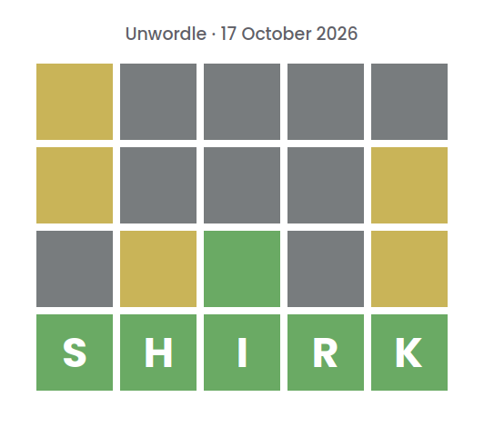 Unsolved Unwordle puzzle for 17 October 2026: three rows of gray, yellow, and green tiles without letters, above a green row spelling the final word SHIRK.