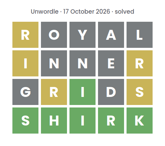Solved Unwordle puzzle for 17 October 2026: rows reading ROYAL, INNER and GRIDS, top row first, above the final word SHIRK.
