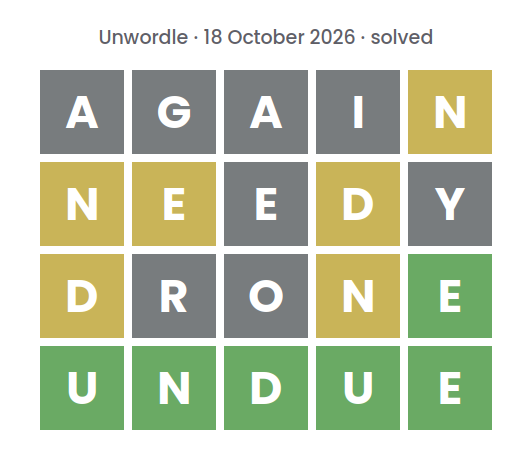 Solved Unwordle puzzle for 18 October 2026: rows reading AGAIN, NEEDY and DRONE, top row first, above the final word UNDUE.