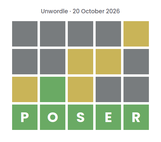 Unsolved Unwordle puzzle for 20 October 2026: three rows of gray, yellow, and green tiles without letters, above a green row spelling the final word POSER.