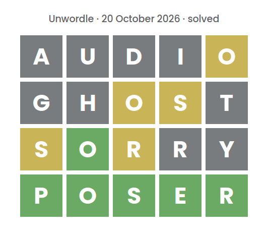 Solved Unwordle puzzle for 20 October 2026: rows reading AUDIO, GHOST and SORRY, top row first, above the final word POSER.