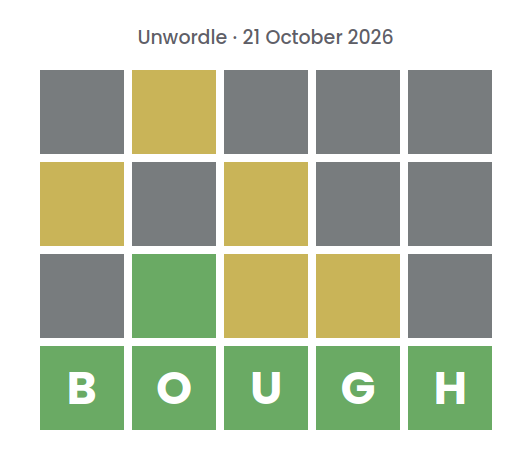 Unsolved Unwordle puzzle for 21 October 2026: three rows of gray, yellow, and green tiles without letters, above a green row spelling the final word BOUGH.