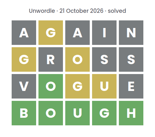 Solved Unwordle puzzle for 21 October 2026: rows reading AGAIN, GROSS and VOGUE, top row first, above the final word BOUGH.
