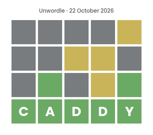 Unsolved Unwordle puzzle for 22 October 2026: three rows of gray, yellow, and green tiles without letters, above a green row spelling the final word CADDY.