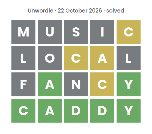 Solved Unwordle puzzle for 22 October 2026: rows reading MUSIC, LOCAL and FANCY, top row first, above the final word CADDY.