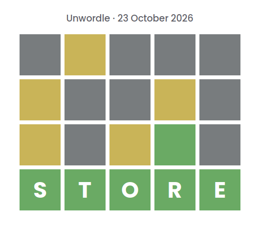 Unsolved Unwordle puzzle for 23 October 2026: three rows of gray, yellow, and green tiles without letters, above a green row spelling the final word STORE.