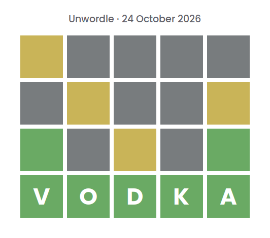Unsolved Unwordle puzzle for 24 October 2026: three rows of gray, yellow, and green tiles without letters, above a green row spelling the final word VODKA.