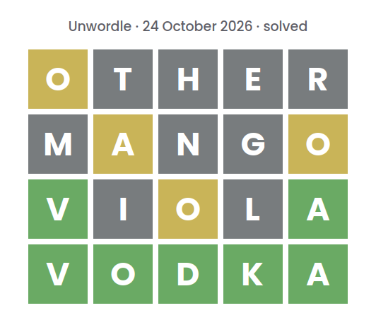 Solved Unwordle puzzle for 24 October 2026: rows reading OTHER, MANGO and VIOLA, top row first, above the final word VODKA.