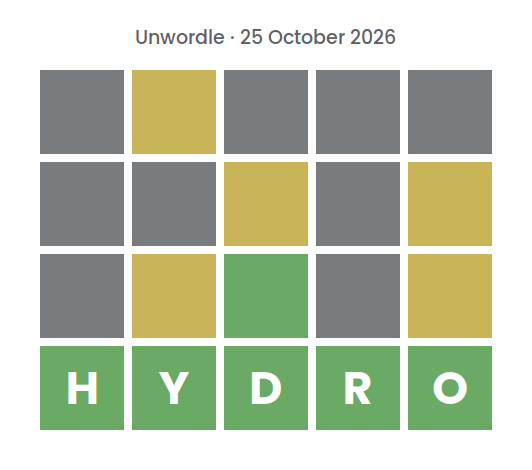 Unsolved Unwordle puzzle for 25 October 2026: three rows of gray, yellow, and green tiles without letters, above a green row spelling the final word HYDRO.