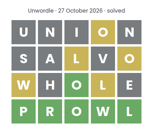 Solved Unwordle puzzle for 27 October 2026: rows reading UNION, SALVO and WHOLE, top row first, above the final word PROWL.