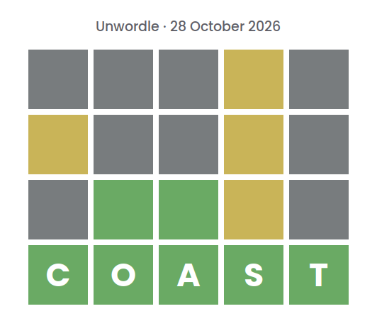 Unsolved Unwordle puzzle for 28 October 2026: three rows of gray, yellow, and green tiles without letters, above a green row spelling the final word COAST.