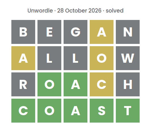 Solved Unwordle puzzle for 28 October 2026: rows reading BEGAN, ALLOW and ROACH, top row first, above the final word COAST.