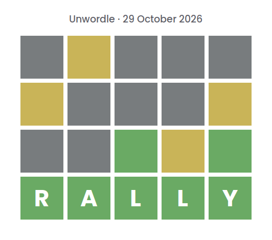 Unsolved Unwordle puzzle for 29 October 2026: three rows of gray, yellow, and green tiles without letters, above a green row spelling the final word RALLY.