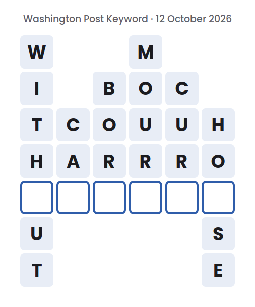 Unsolved Washington Post Keyword board for 12 October 2026, with six words running down and one empty square in each