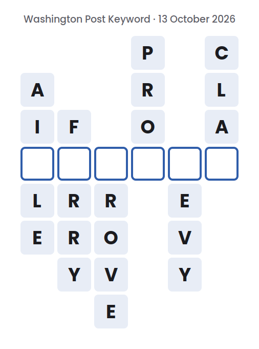 Unsolved Washington Post Keyword board for 13 October 2026, with six words running down and one empty square in each