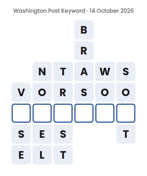 Unsolved Washington Post Keyword board for 14 October 2026, with six words running down and one empty square in each
