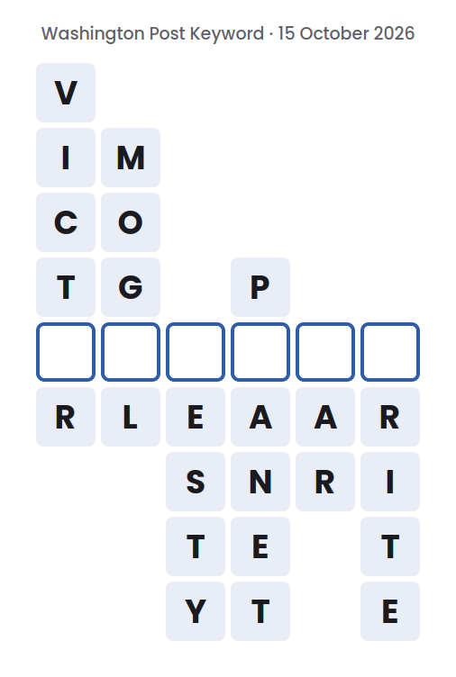 Unsolved Washington Post Keyword board for 15 October 2026, with six words running down and one empty square in each