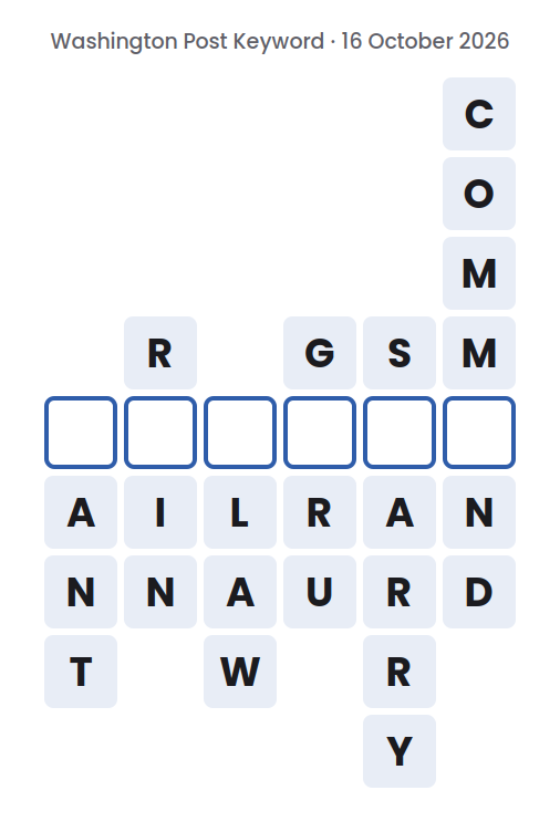 Unsolved Washington Post Keyword board for 16 October 2026, with six words running down and one empty square in each