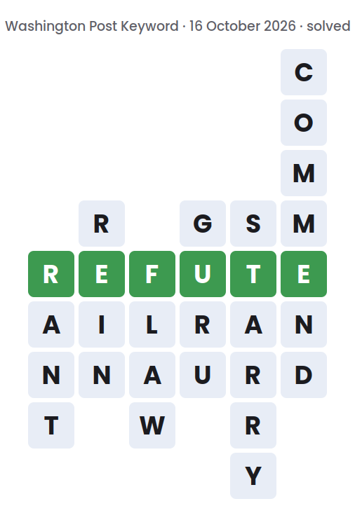 Solved Washington Post Keyword board for 16 October 2026, showing the keyword REFUTE and the six words running down: RANT, REIN, FLAW, GURU, STARRY and COMMEND
