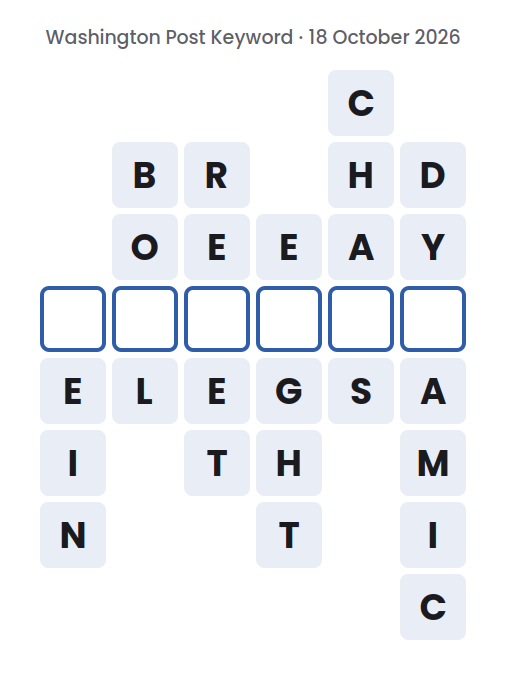 Unsolved Washington Post Keyword board for 18 October 2026, with six words running down and one empty square in each