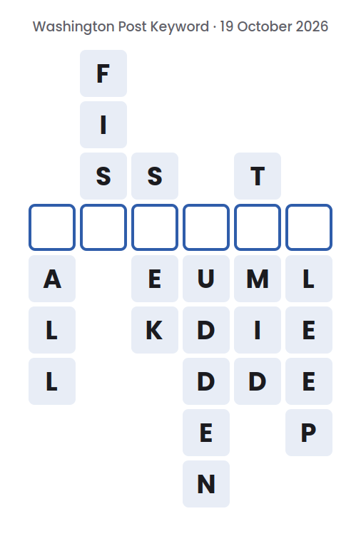 Unsolved Washington Post Keyword board for 19 October 2026, with six words running down and one empty square in each