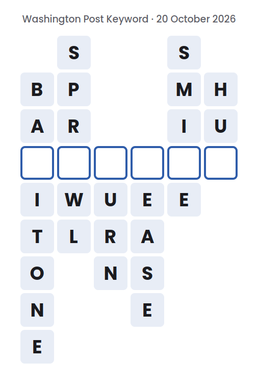 Unsolved Washington Post Keyword board for 20 October 2026, with six words running down and one empty square in each
