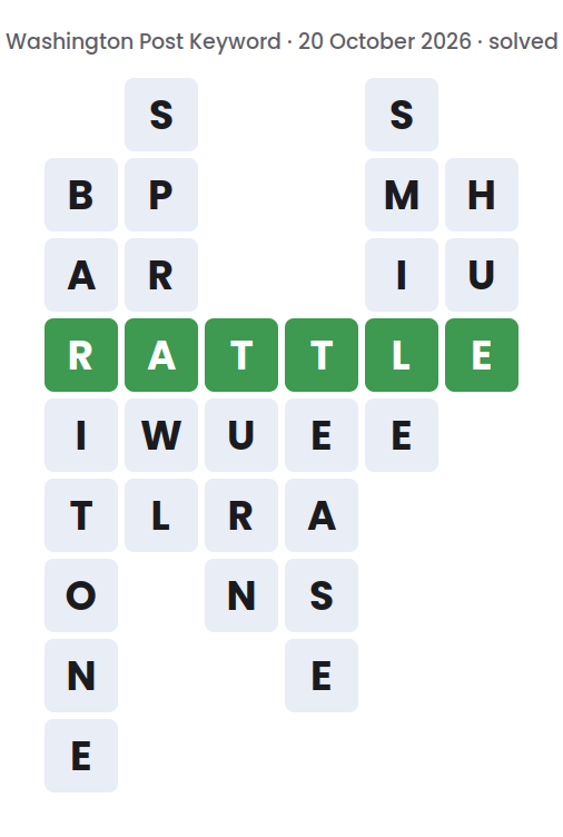 Solved Washington Post Keyword board for 20 October 2026, showing the keyword RATTLE and the six words running down: BARITONE, SPRAWL, TURN, TEASE, SMILE and HUE