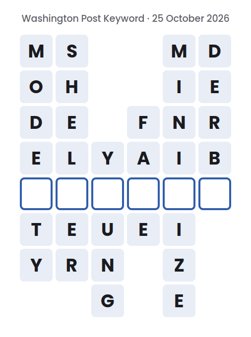 Unsolved Washington Post Keyword board for 25 October 2026, with six words running down and one empty square in each